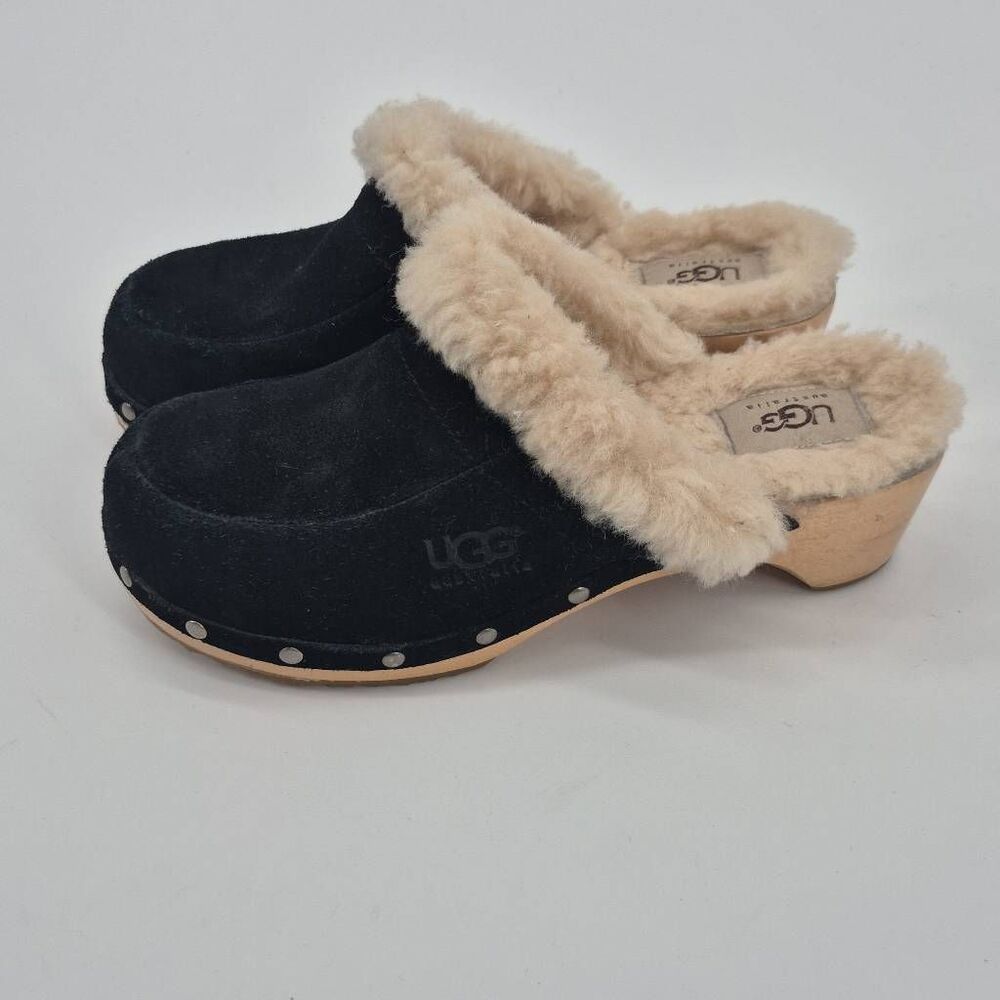 UGG Black Suede Leather Wooden Clogs Mule Women's Size 7